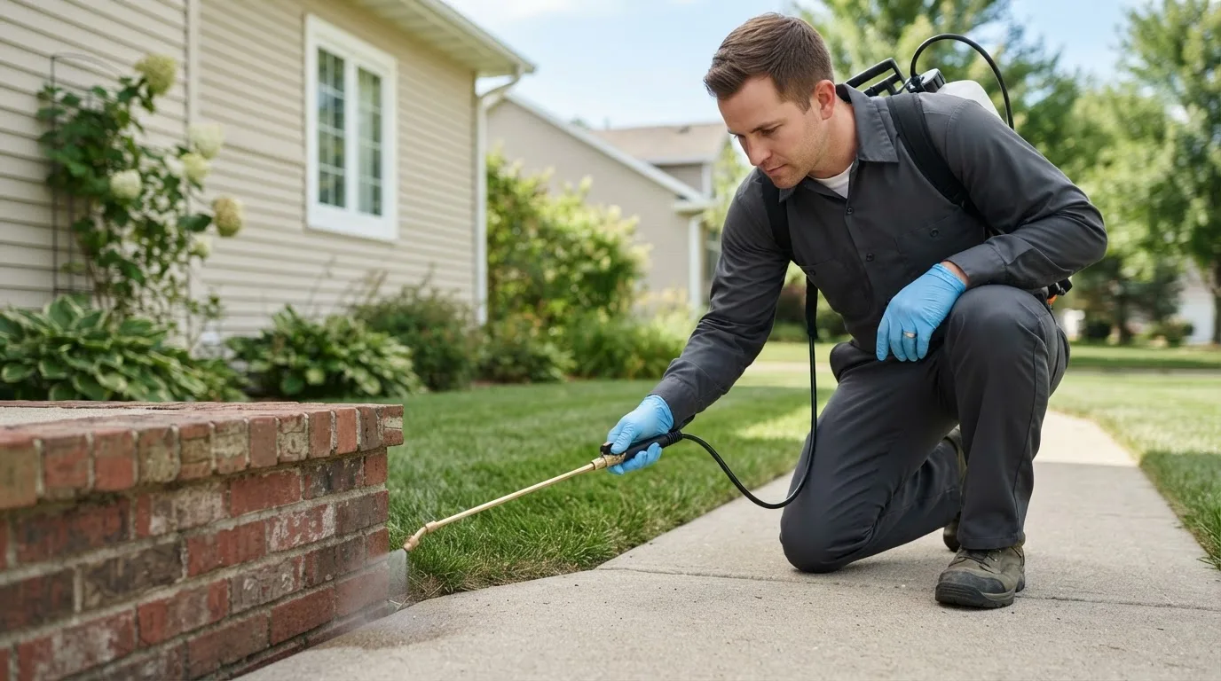Pest control technician treating a home near West Valley City, UT
